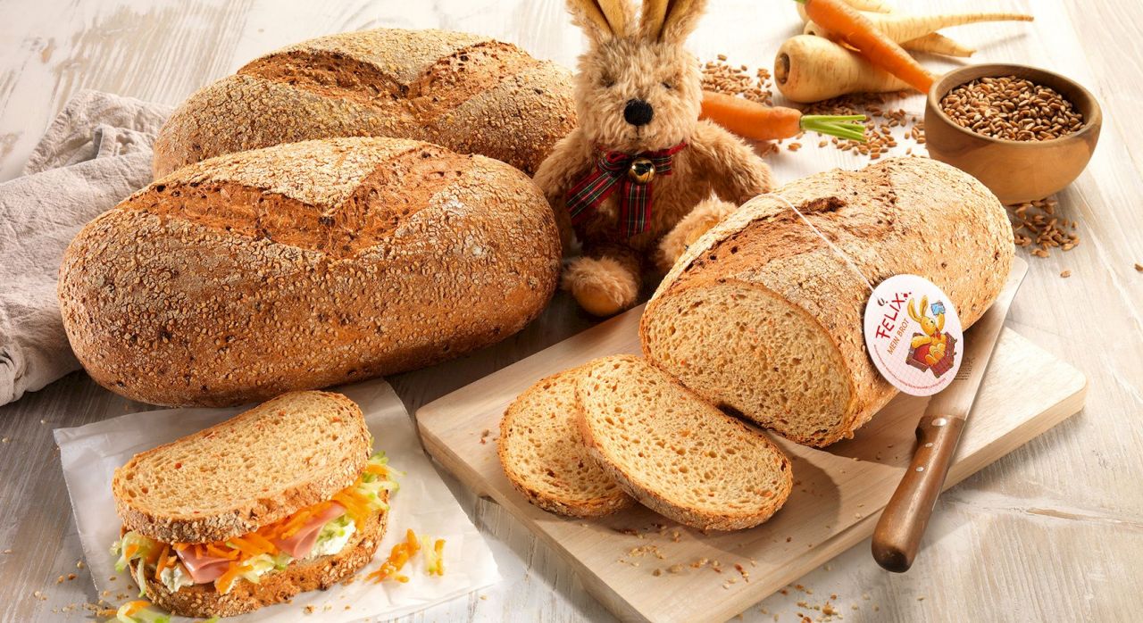 Felix - Mein Brot. Das softweiche Dinkelbrot mit feinen Karotten- und Pastinakenstückchen.